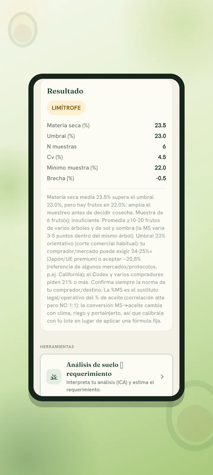 Calculadora de materia seca para cosecha de exportación